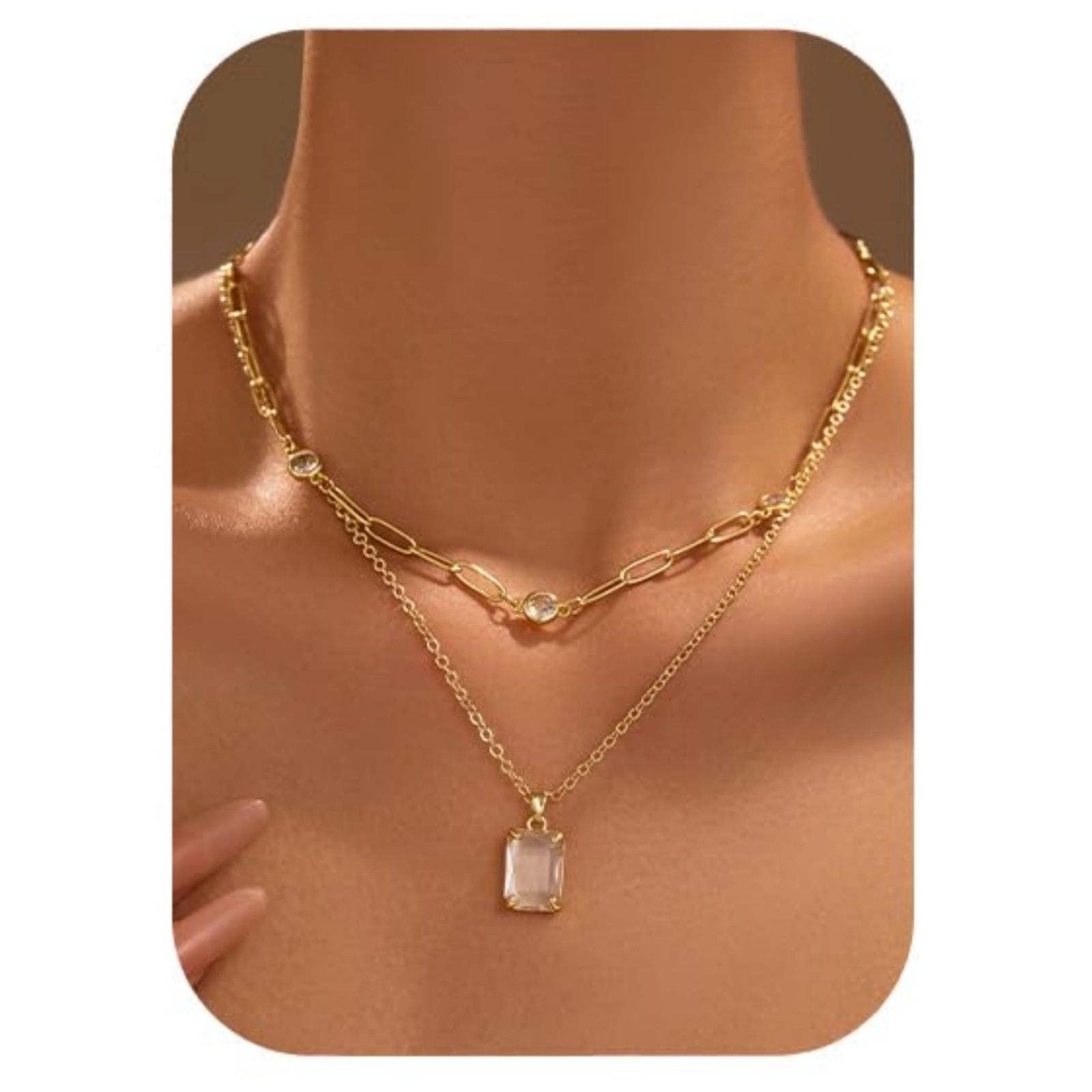 This is a popular cross-border product from Europe and America, featuring a retro, simple and exquisite style. It is inlaid with square zirconia and has a double-layer stacked collarbone chain details Picture