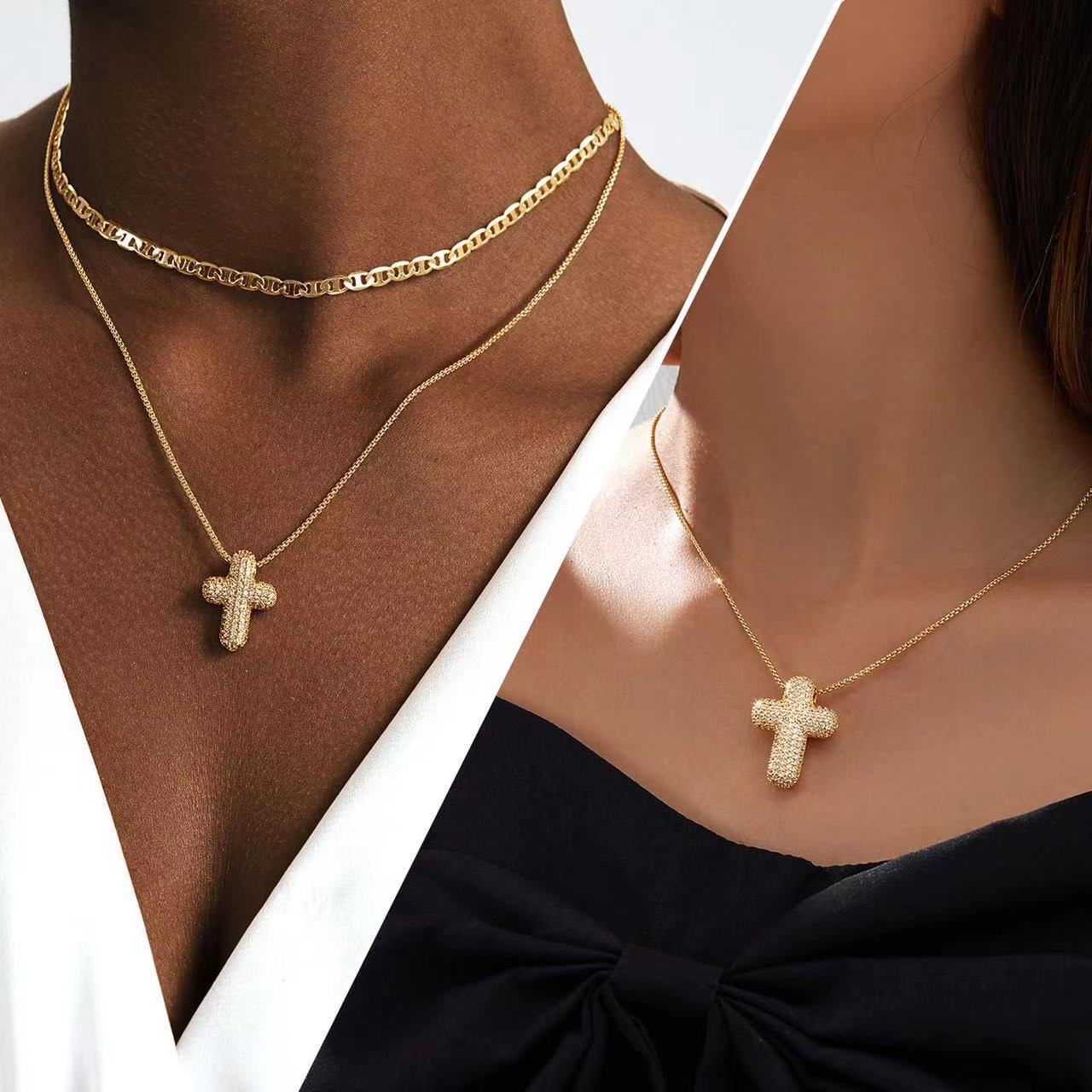 A popular cross-border fashion bubble hollow cross pendant from Europe and America, a brass real gold electroplated double-layer layered necklace