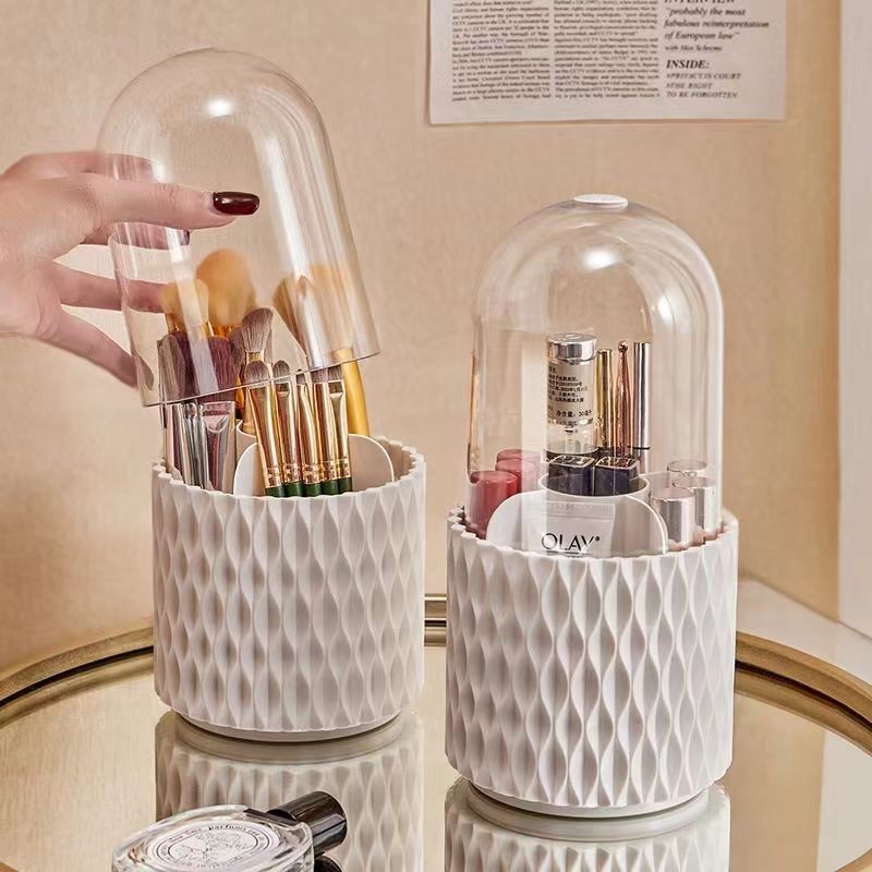 Wavy pattern rotating box, light luxury rotating makeup brush storage box, dust-proof cover, high appearance level, desktop storage wonder details Picture