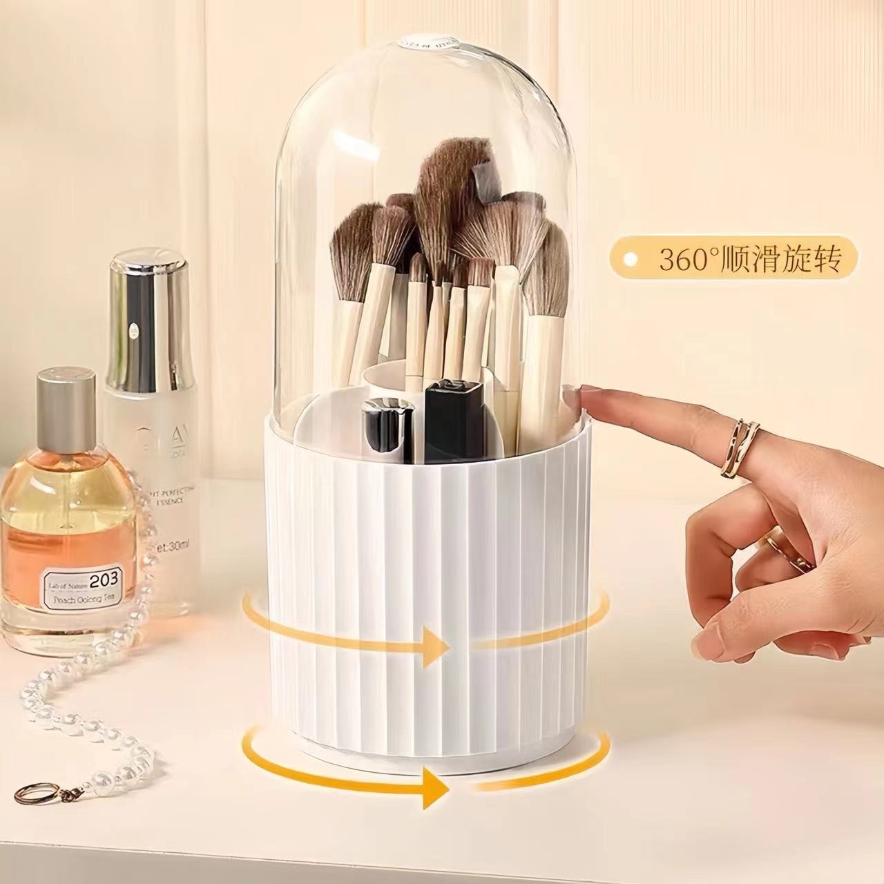 Vertical line makeup brush storage cylinder, rotating dust-proof desktop, lipstick dressing table shelf, cosmetics storage box Specification image