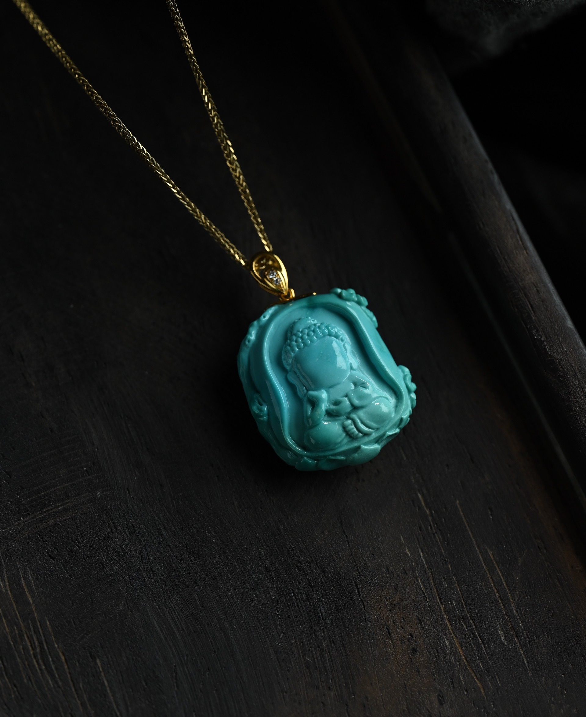Natural raw turquoise high porcelain pendant, Wuxiang Buddha 18k real gold buckle necklace, natural and genuine turquoise details Picture