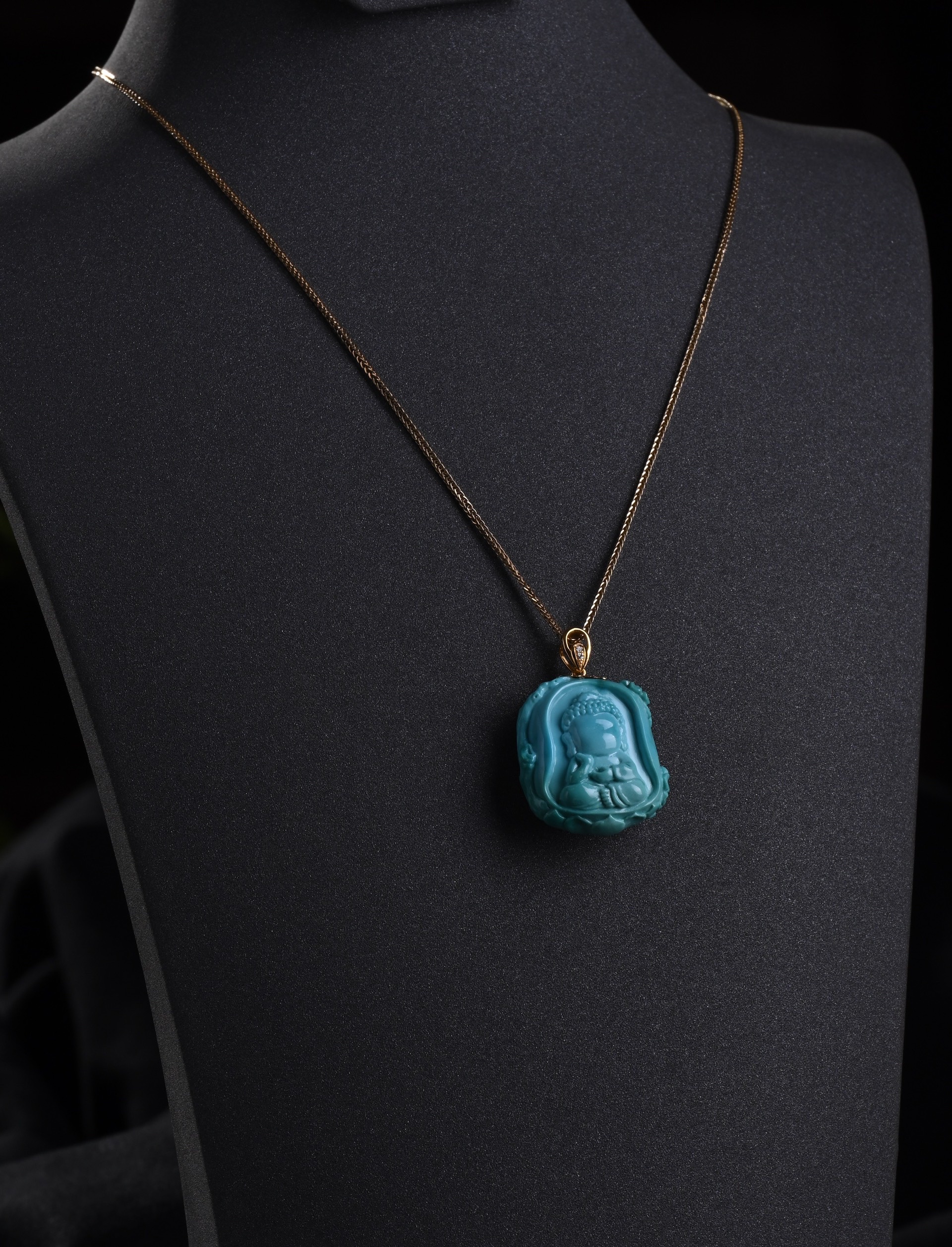 Natural raw turquoise high porcelain pendant, Wuxiang Buddha 18k real gold buckle necklace, natural and genuine turquoise Item Picture