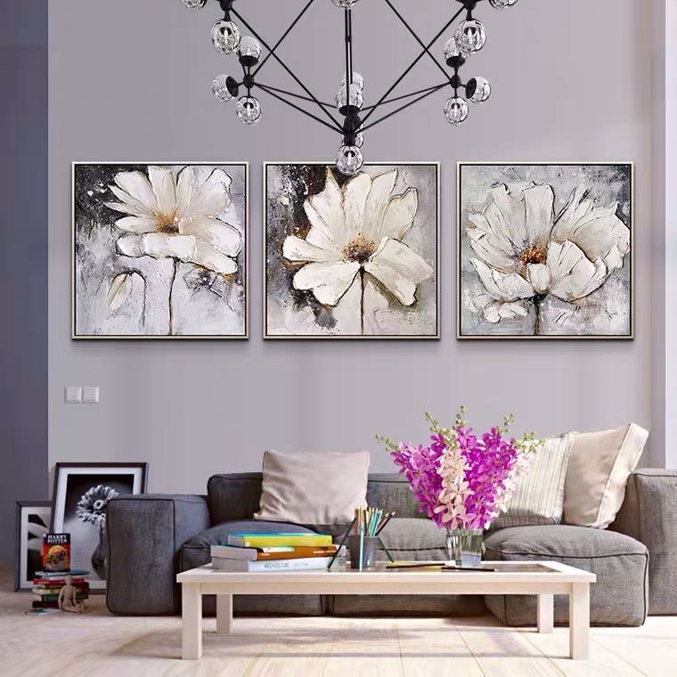Three white floral-themed decorative paintings for the living room and bedroom in a simple Nordic style details Picture