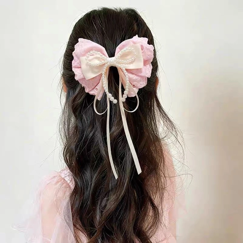 New pink sweet lace cotton bow, pearl tassel hairpin, high-end top clip, ribbon hair accessory, headwear clip detail image 3