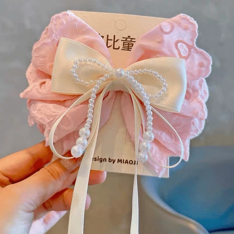 New pink sweet lace cotton bow, pearl tassel hairpin, high-end top clip, ribbon hair accessory, headwear clip