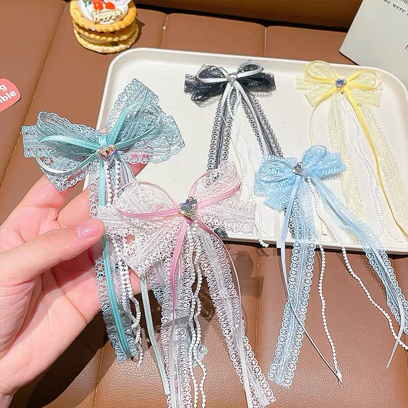 Children's sweet bow hair clips, girls' lace pearl mini duckbill clips, high appearance level princess style hair clip headwear