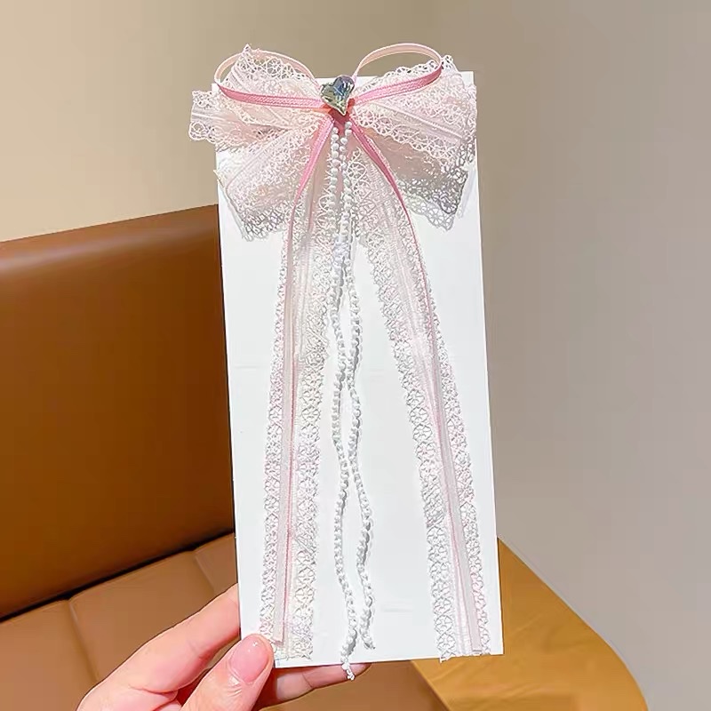 Children's sweet bow hair clips, girls' lace pearl mini duckbill clips, high appearance level princess style hair clip headwear detail image 2