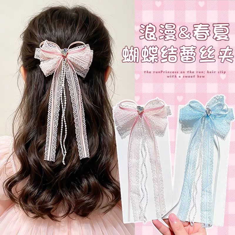 Children's sweet bow hair clips, girls' lace pearl mini duckbill clips, high appearance level princess style hair clip headwear Specification image