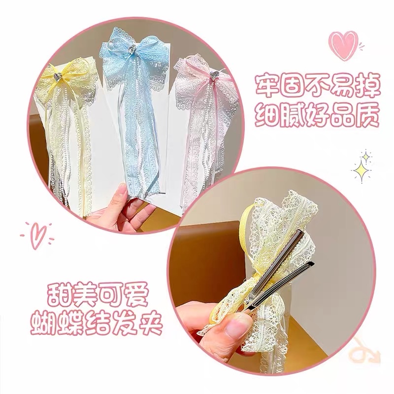 Children's sweet bow hair clips, girls' lace pearl mini duckbill clips, high appearance level princess style hair clip headwear details Picture