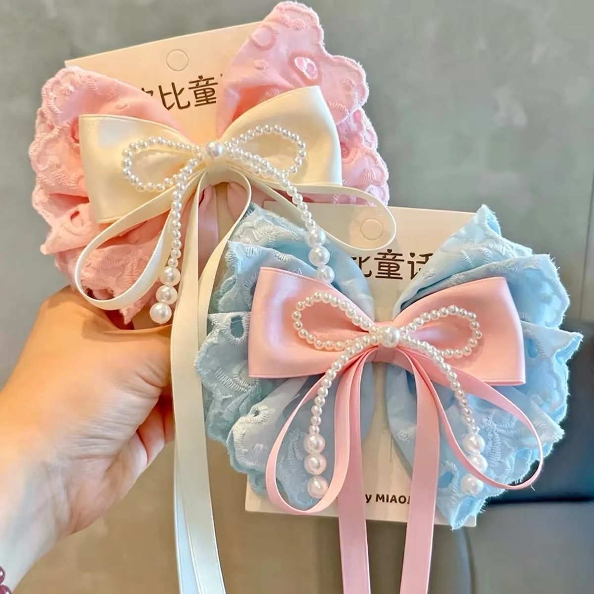 New pink sweet lace cotton bow, pearl tassel hairpin, high-end top clip, ribbon hair accessory, headwear clip detail image 4