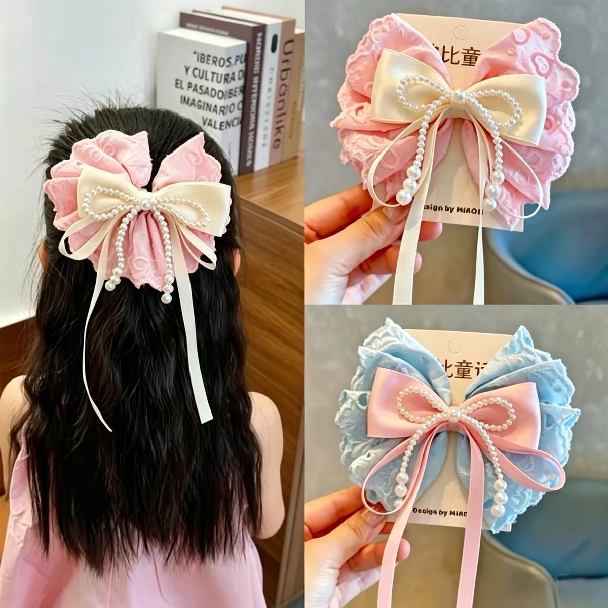 New pink sweet lace cotton bow, pearl tassel hairpin, high-end top clip, ribbon hair accessory, headwear clip detail image 5