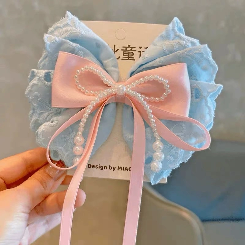 New pink sweet lace cotton bow, pearl tassel hairpin, high-end top clip, ribbon hair accessory, headwear clip detail image 2
