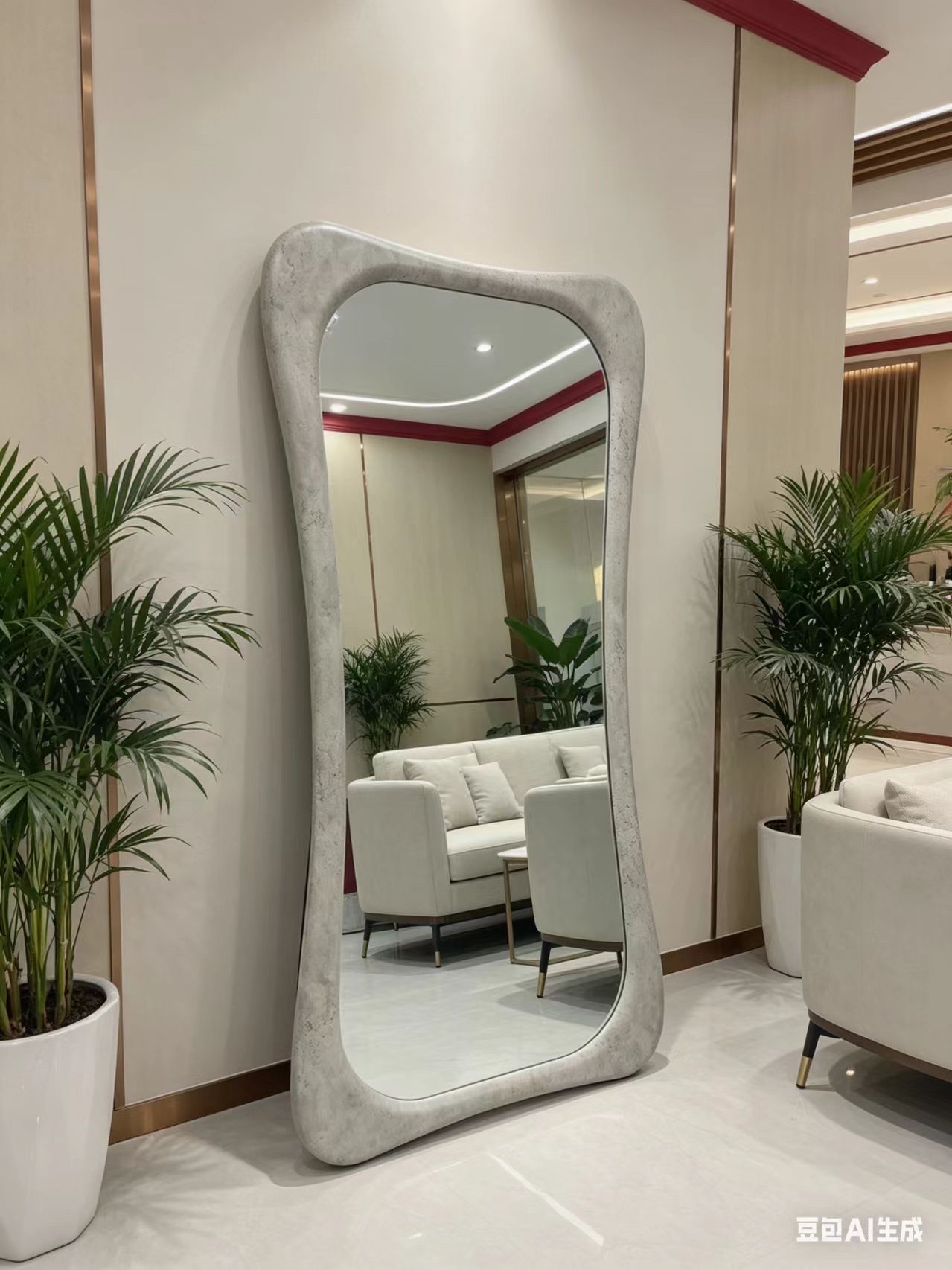 Grayish-white irregularly framed floor mirror, full-length mirror, bedroom home, no need for drilling Item Picture