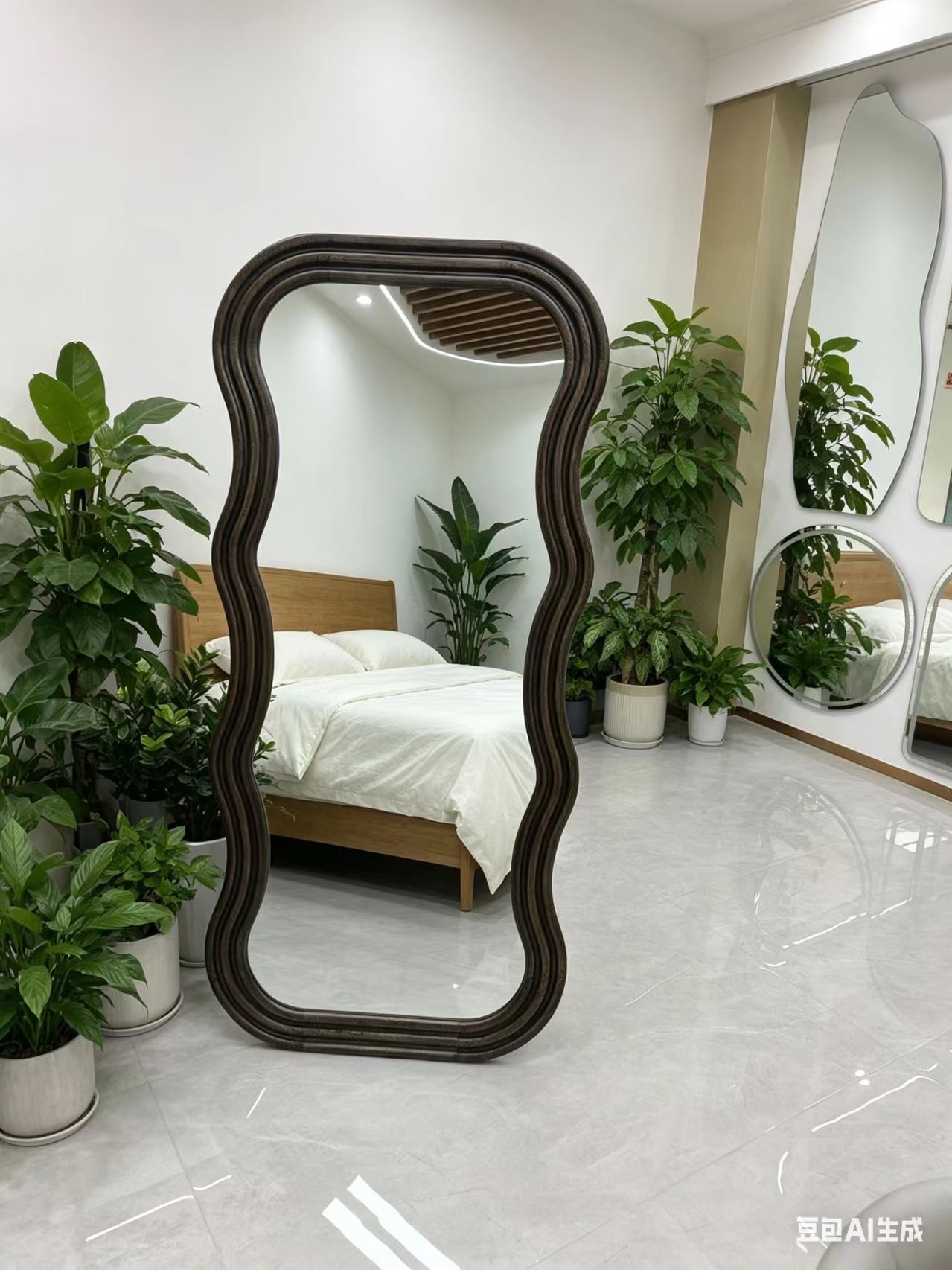 Dark brown wavy frame floor-length mirror, full-length mirror, bedroom and living room, no need for drilling Item Picture