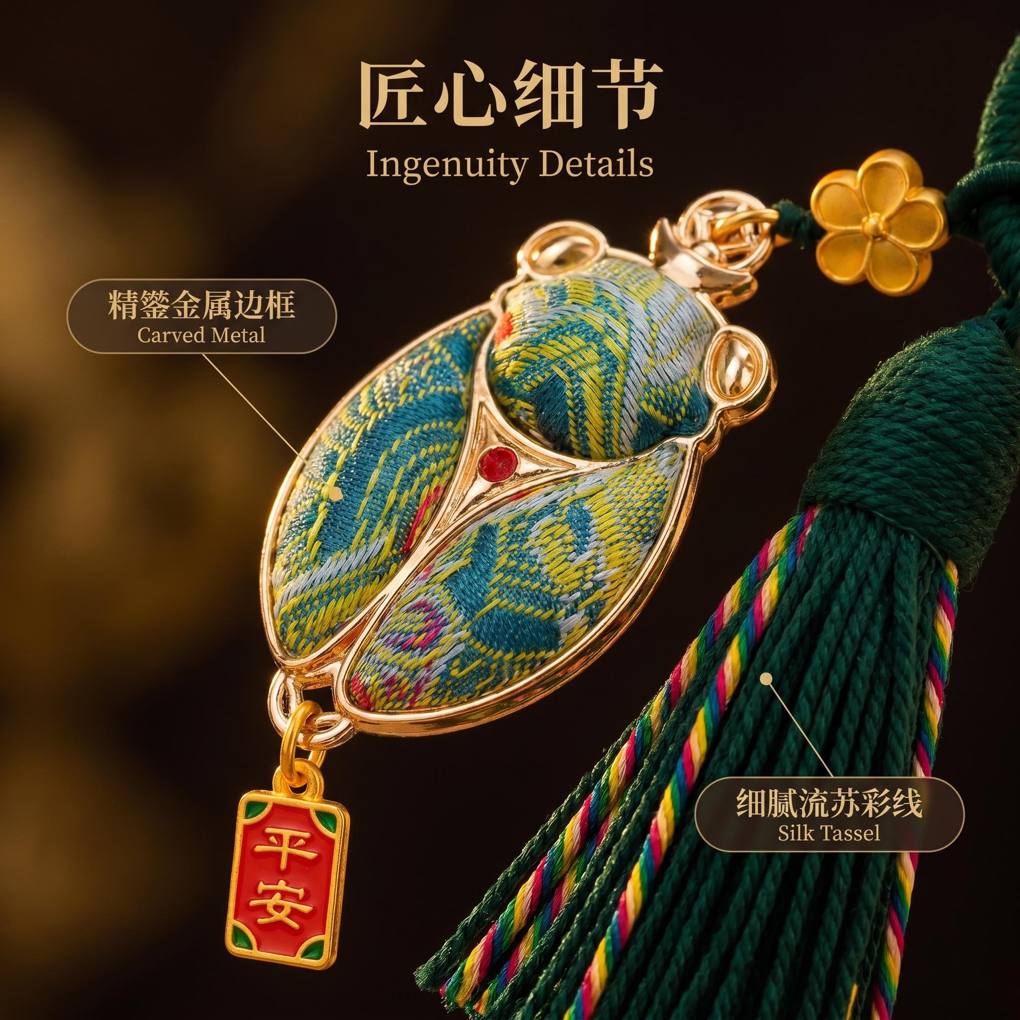 Seven-color Story Zhuang Brocade Ancient Method Peace Pendant, Zhuang Golden Cicada Peace Pendant, Intangible Cultural Heritage Ethnic Windmill Bag Pendant, Cultural and Creative Souvenir, National Trend Su Keychain Pendant, Ethnic Style Cultural and Creative Accessories wholesale Specification image