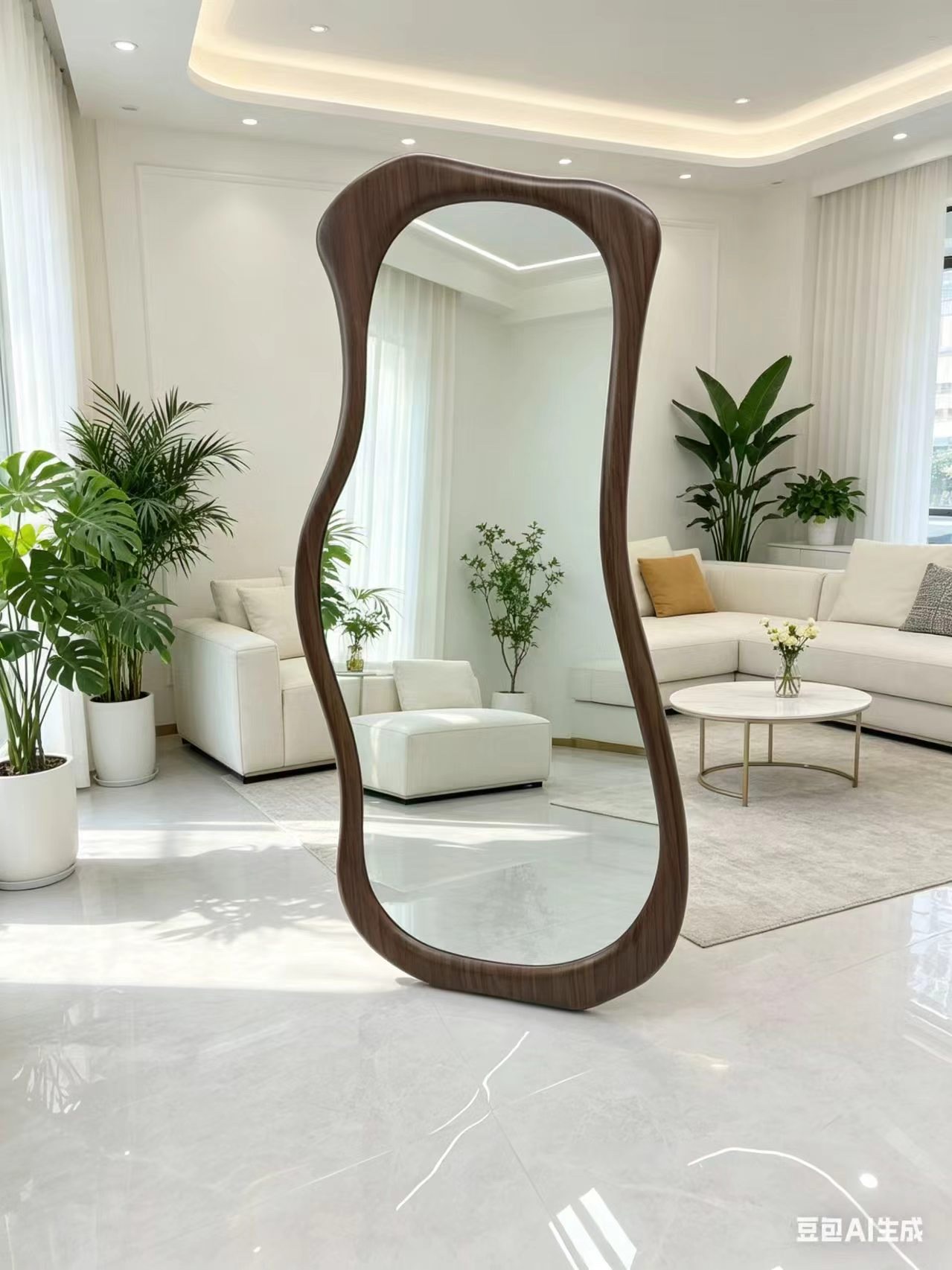 Dark brown wooden wavy floor mirror, full-length mirror, bedroom and living room decorative mirror Item Picture