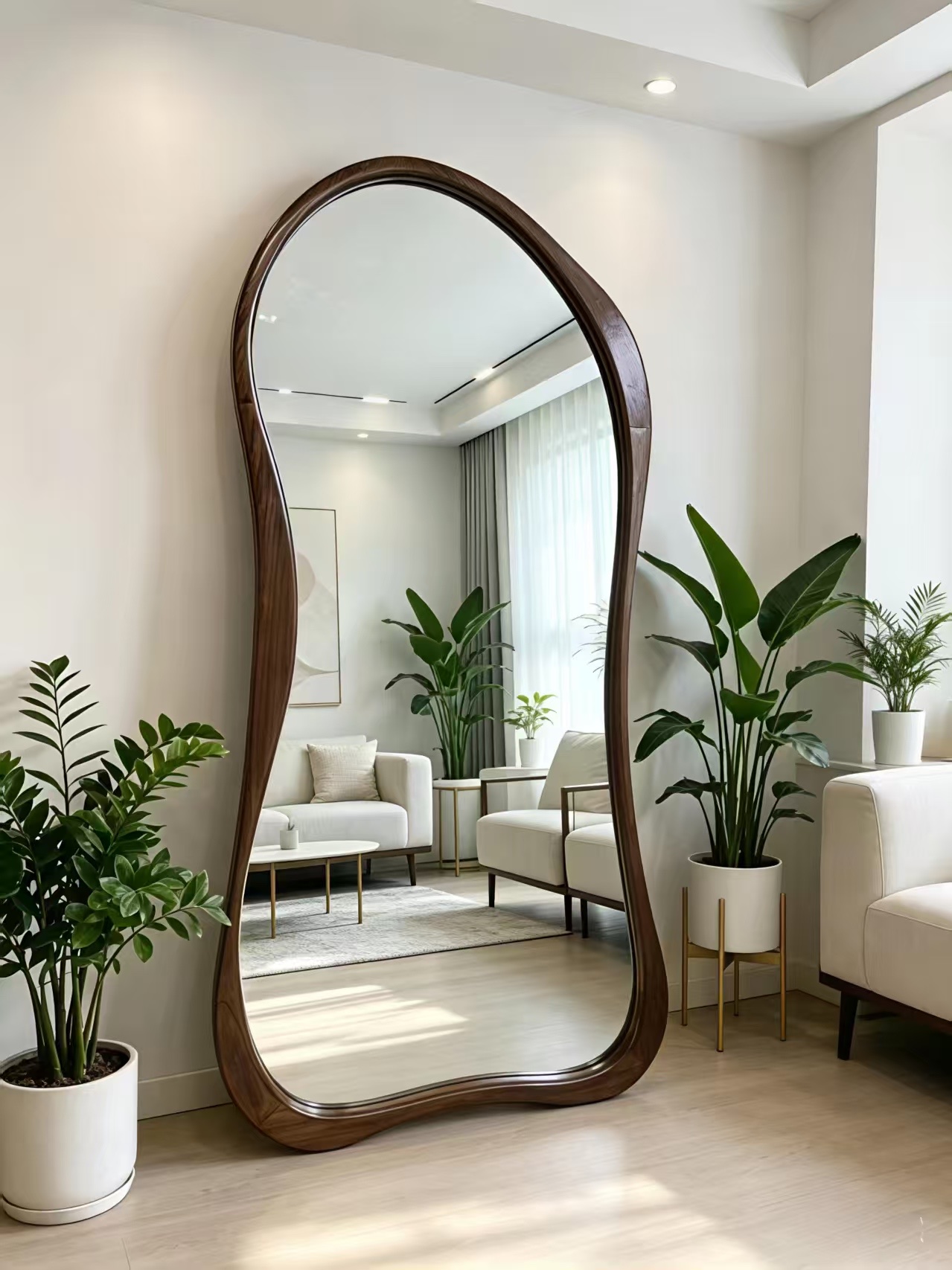 Dark brown wooden wavy frame full-length mirror for wall decoration in the living room and bedroom Item Picture