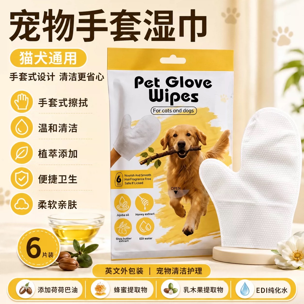 Hot-selling recommendation: Pet SPA gloves, wet wipes, universal cleaning and care for cats and dogs, 6-piece set, gentle plant extract, portable and hygienic details Picture
