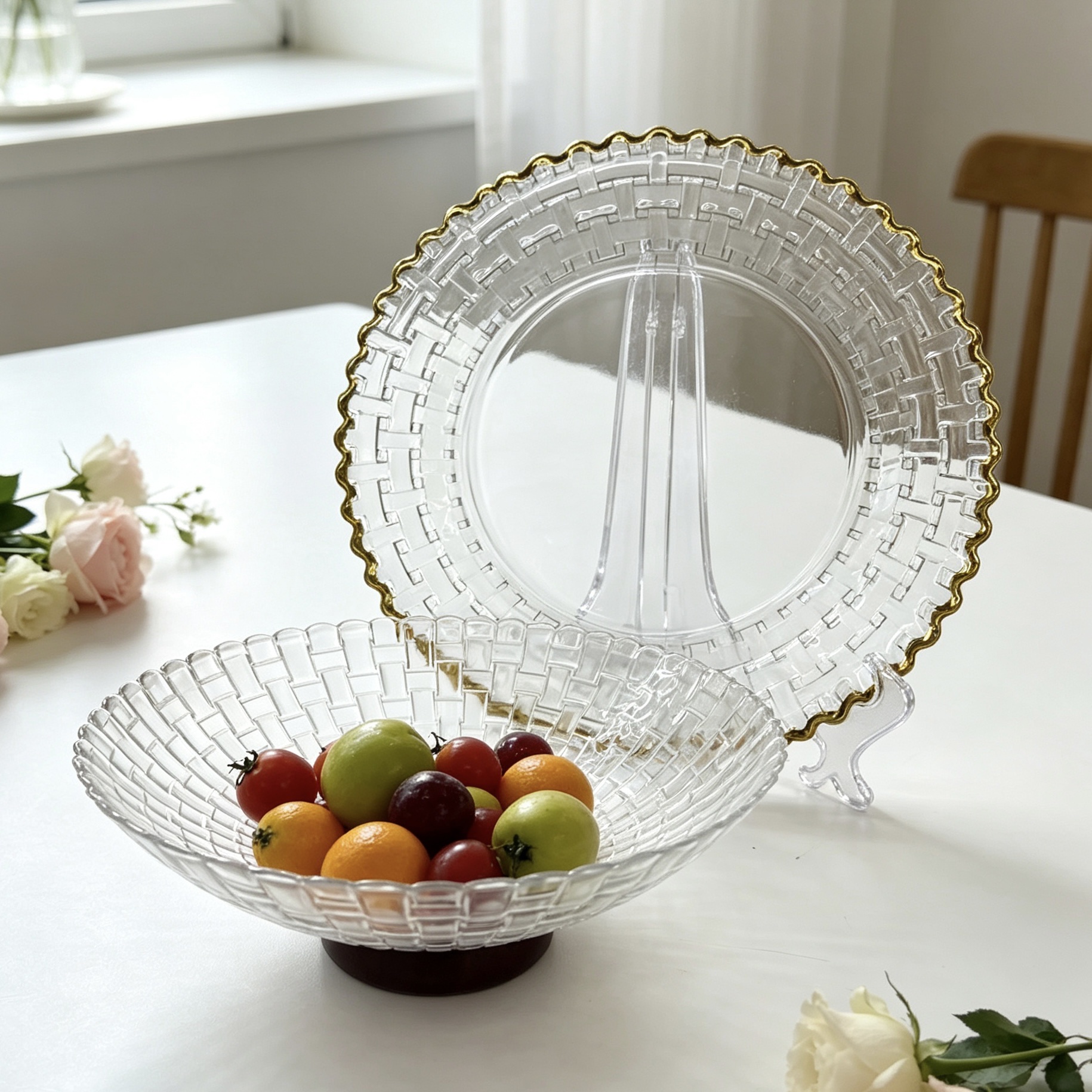 Fruit plate, candy and dessert rack, daily necessities, tableware, glass pad plate, high foot bowl plate, Glasschargeplate Stemmed plate stemme detail image 11
