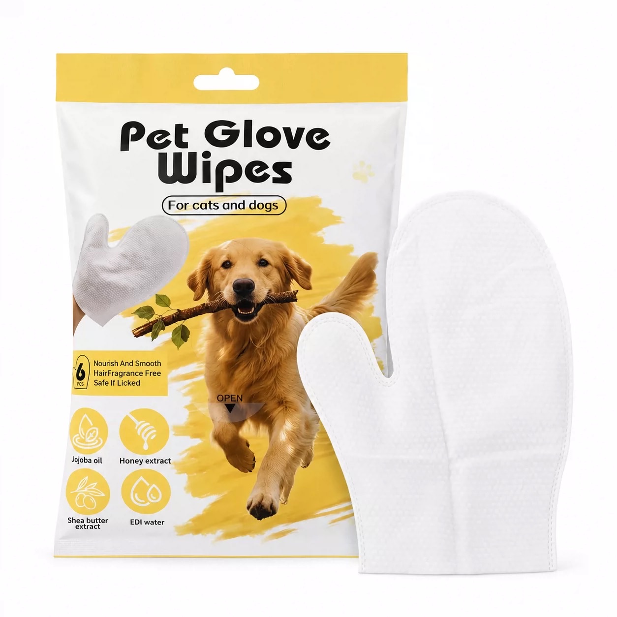 Hot-selling recommendation: Pet SPA gloves, wet wipes, universal cleaning and care for cats and dogs, 6-piece set, gentle plant extract, portable and hygienic Item Picture