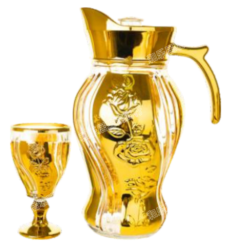 Light luxury gold-plated spiral hammer-patterned rose glass water set, European-style household cold water bottle and tea cup combination details Picture