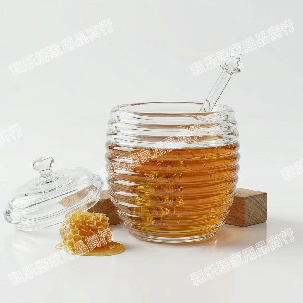 Spiral-patterned glass honey jar with stirring rod, household jam bottle, food-grade storage jar