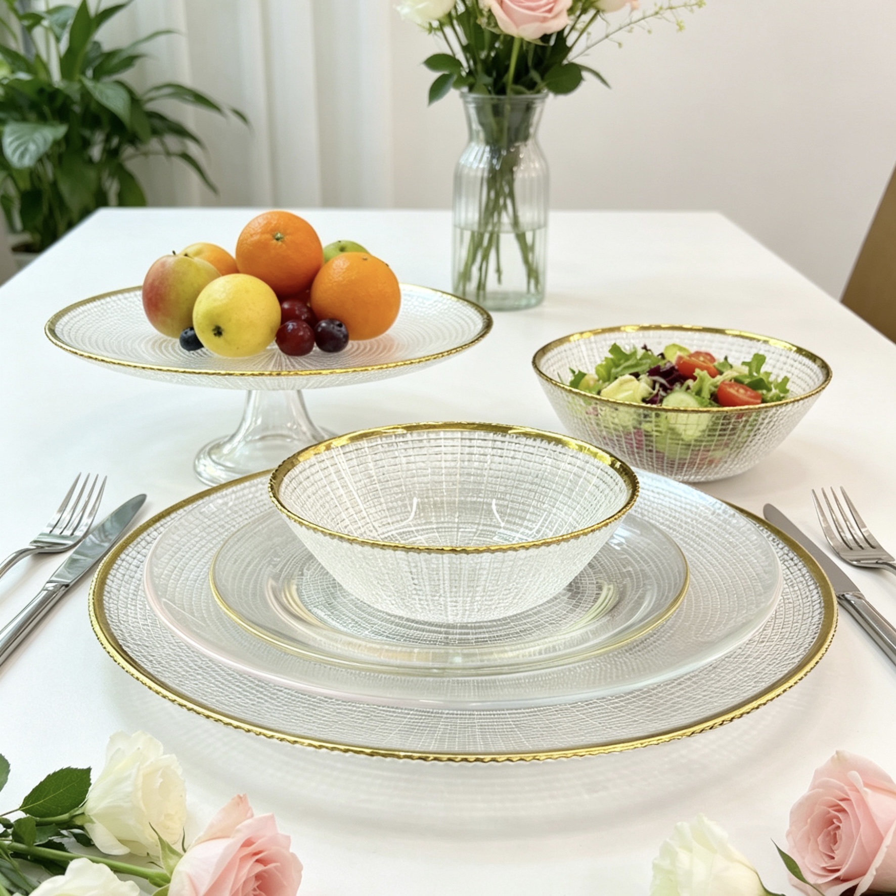 Daily necessities Glass bowl glass plate cake snack plate fruit salad bowl glass charger plate glass bowl Stemmed p Item Picture