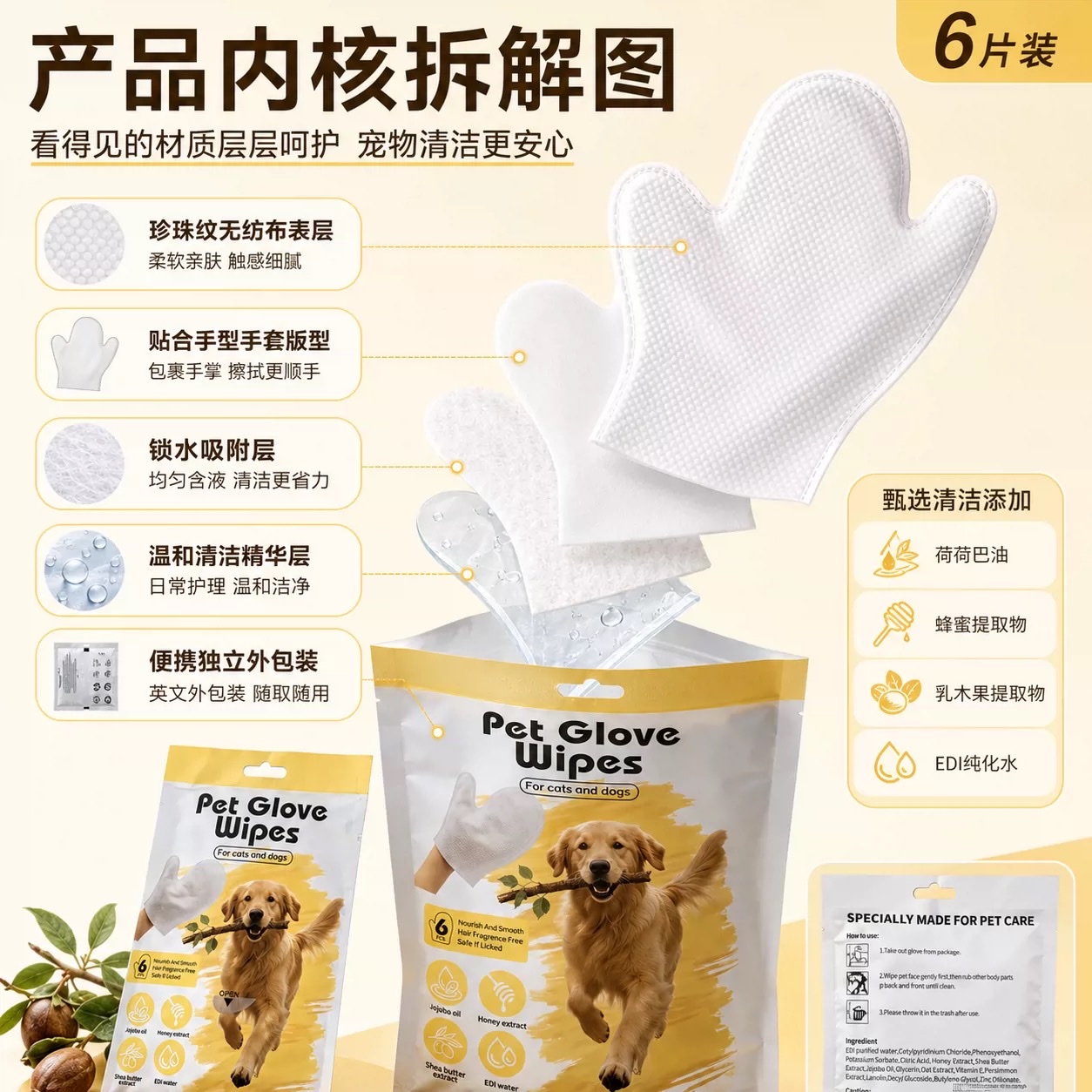 Hot-selling recommendation: Pet SPA gloves, wet wipes, universal cleaning and care for cats and dogs, 6-piece set, gentle plant extract, portable and hygienic Application Scenario