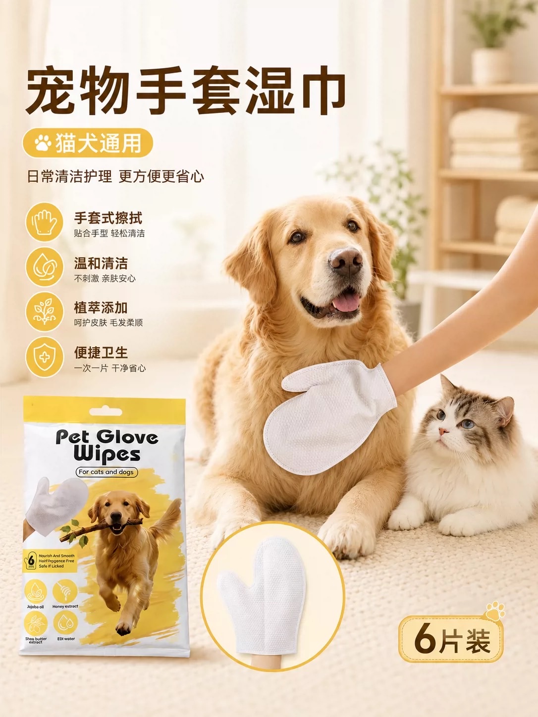 Hot-selling recommendation: Pet SPA gloves, wet wipes, universal cleaning and care for cats and dogs, 6-piece set, gentle plant extract, portable and hygienic detail image 5