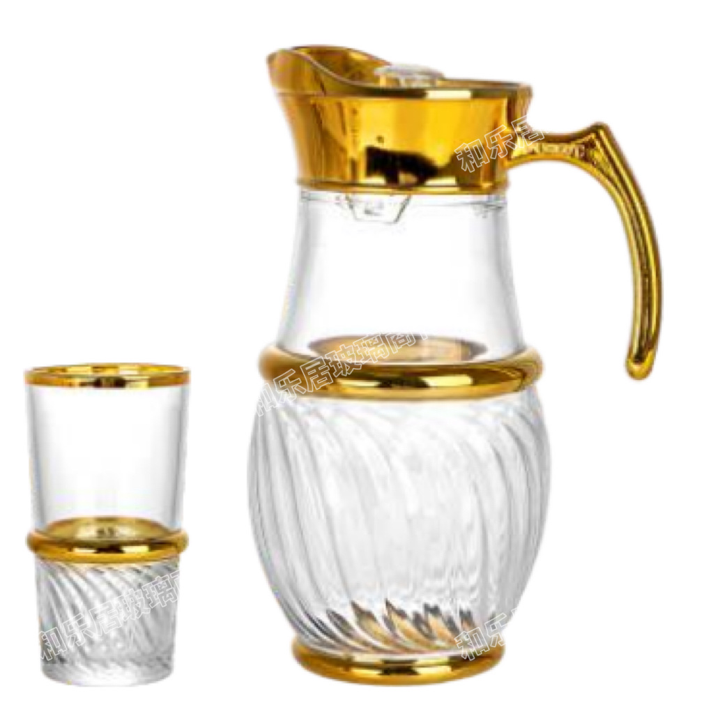 Light luxury gold-plated spiral hammer-patterned rose glass water set, European-style household cold water bottle and tea cup combination Item Picture