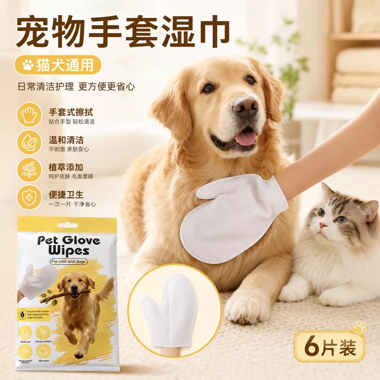 Hot-selling recommendation: Pet SPA gloves, wet wipes, universal cleaning and care for cats and dogs, 6-piece set, gentle plant extract, portable and hygienic Specification image