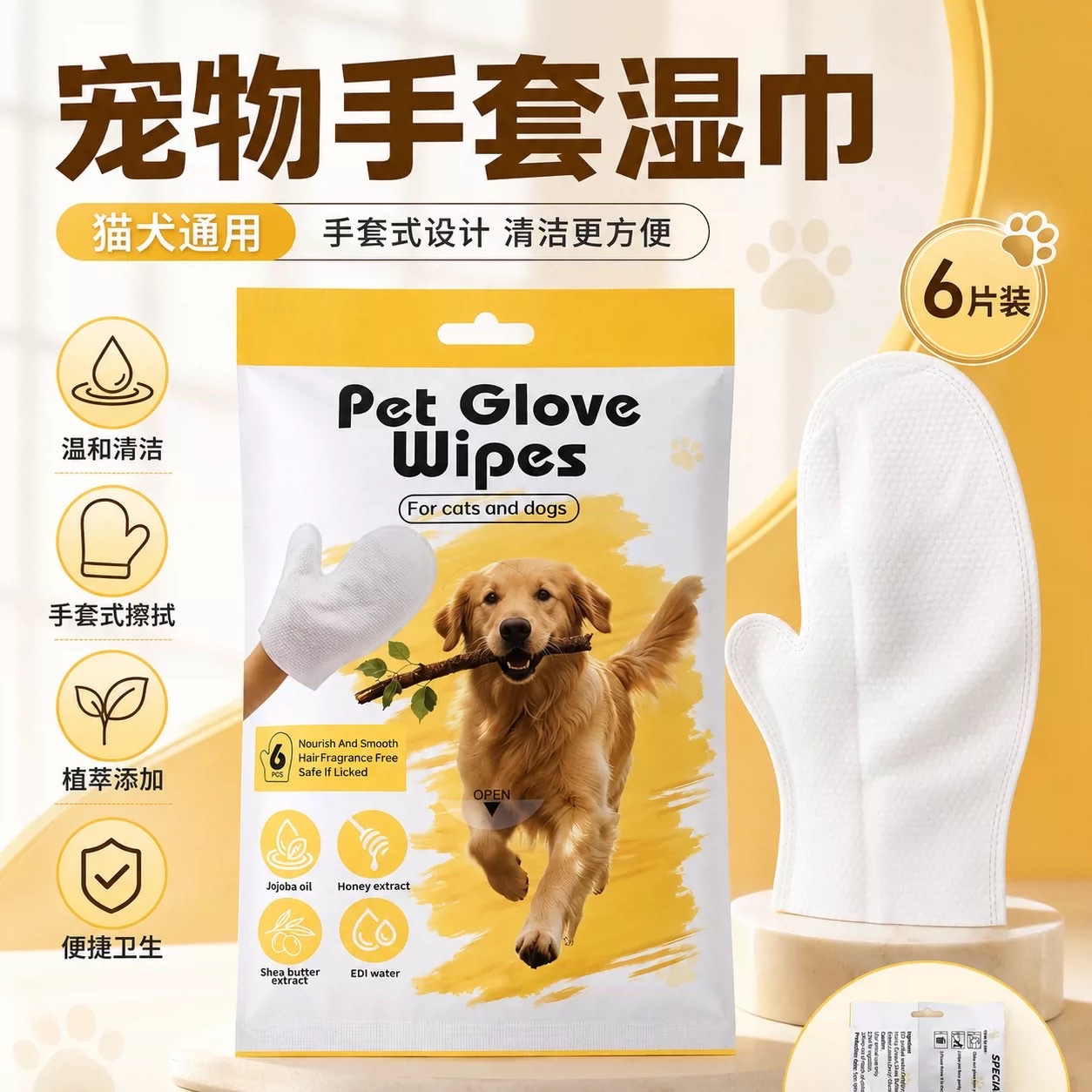 Hot-selling recommendation: Pet SPA gloves, wet wipes, universal cleaning and care for cats and dogs, 6-piece set, gentle plant extract, portable and hygienic