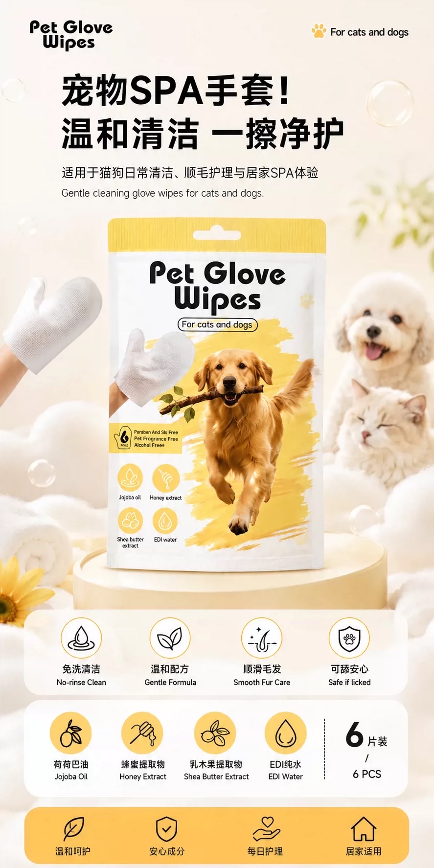 Hot-selling recommendation: Pet SPA gloves, wet wipes, universal cleaning and care for cats and dogs, 6-piece set, gentle plant extract, portable and hygienic detail image 2