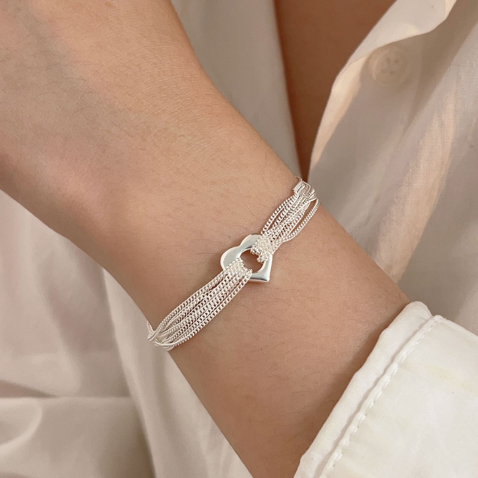 S925 Silver multi-layer heart-shaped bracelet for women, a new summer collection from Dongdaemun, South Korea, featuring a niche design and a cool style