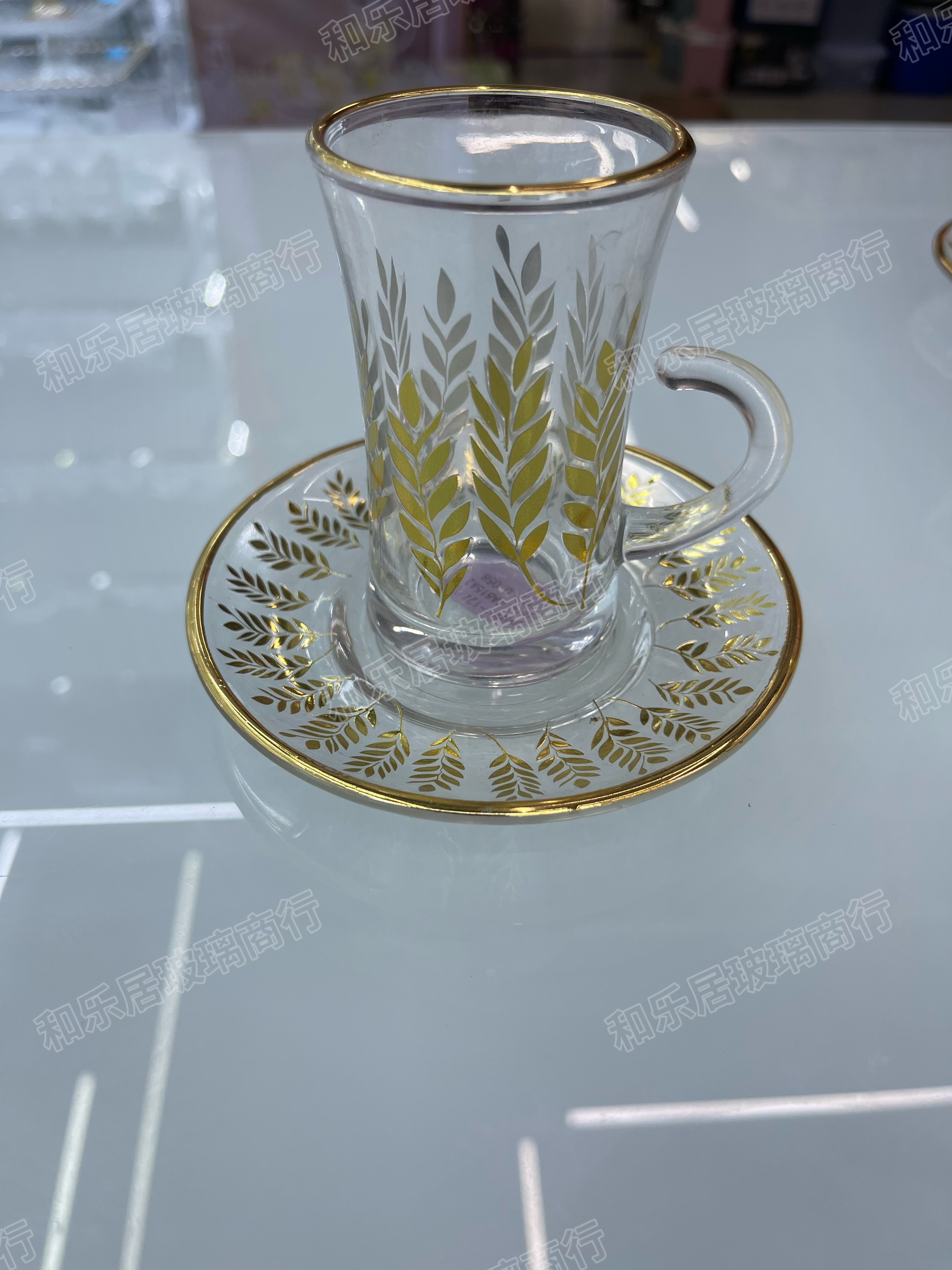 European-style light luxury gold-rimmed glass coffee cups and plates with multiple patterns and gilded designs detail image 7