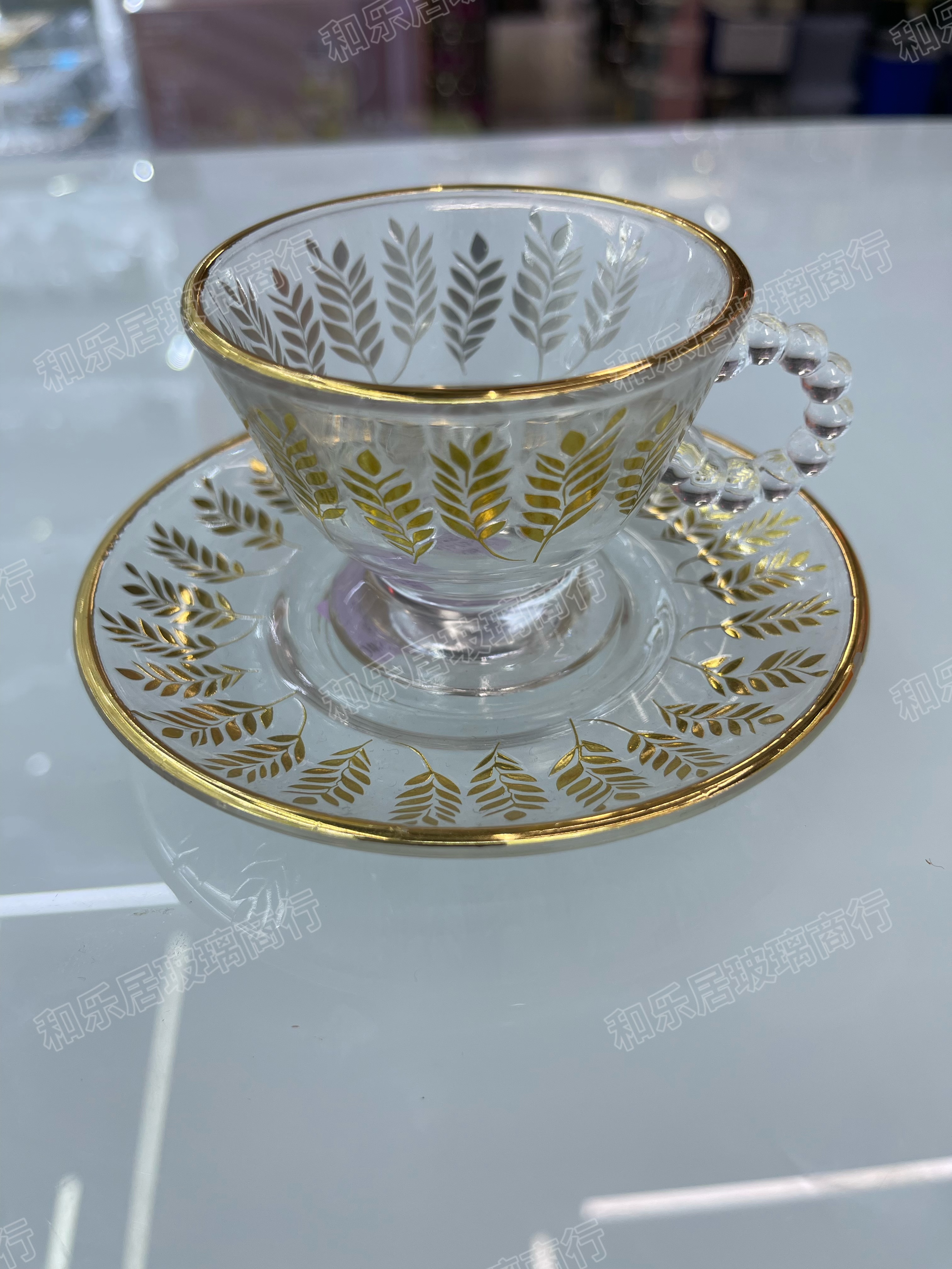 European-style light luxury gold-rimmed glass coffee cups and plates with multiple patterns and gilded designs detail image 2