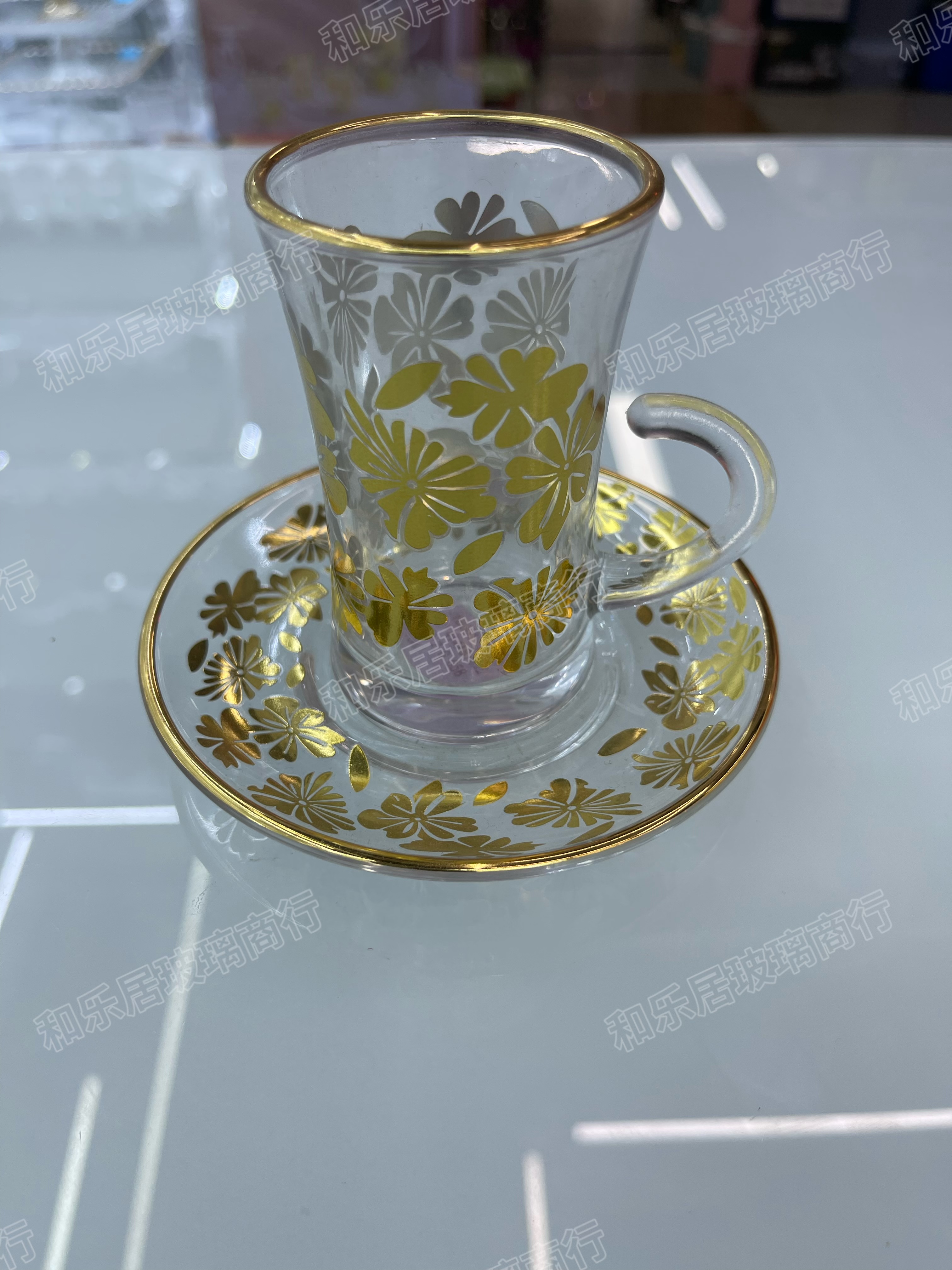 European-style light luxury gold-rimmed glass coffee cups and plates with multiple patterns and gilded designs detail image 5