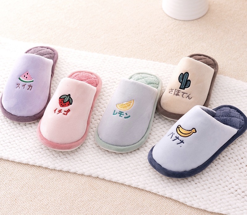 Colorful fruit-patterned home slippers for women, cotton anti-slip soft-soled summer flip-flops