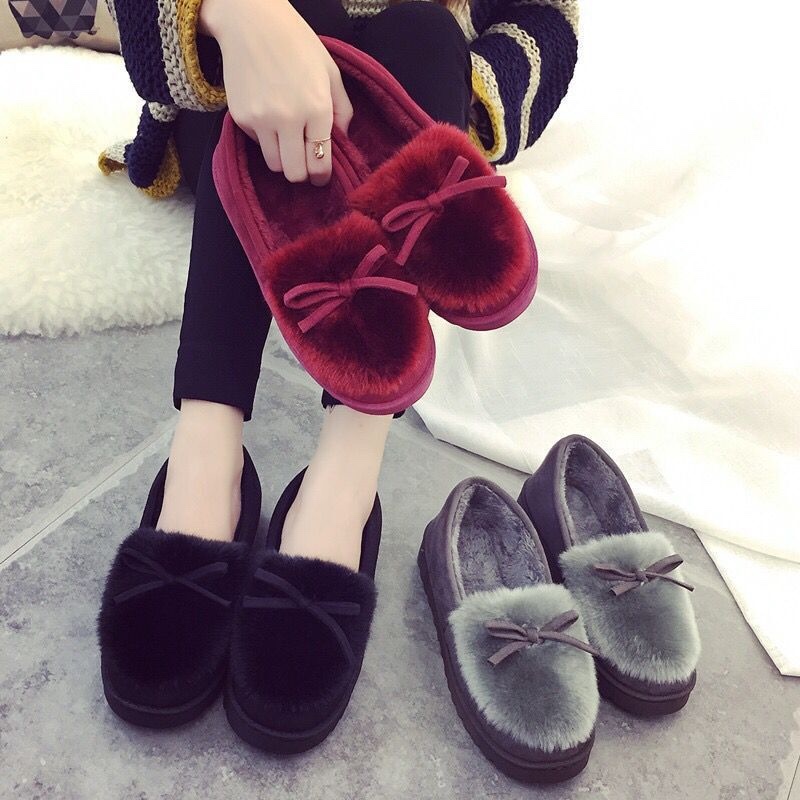 Red, black and grey plush bow slippers for both men and women, warm for home use
