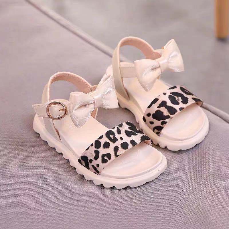 白色豹纹蝴蝶结凉鞋女夏季透气休闲平底 sandals
