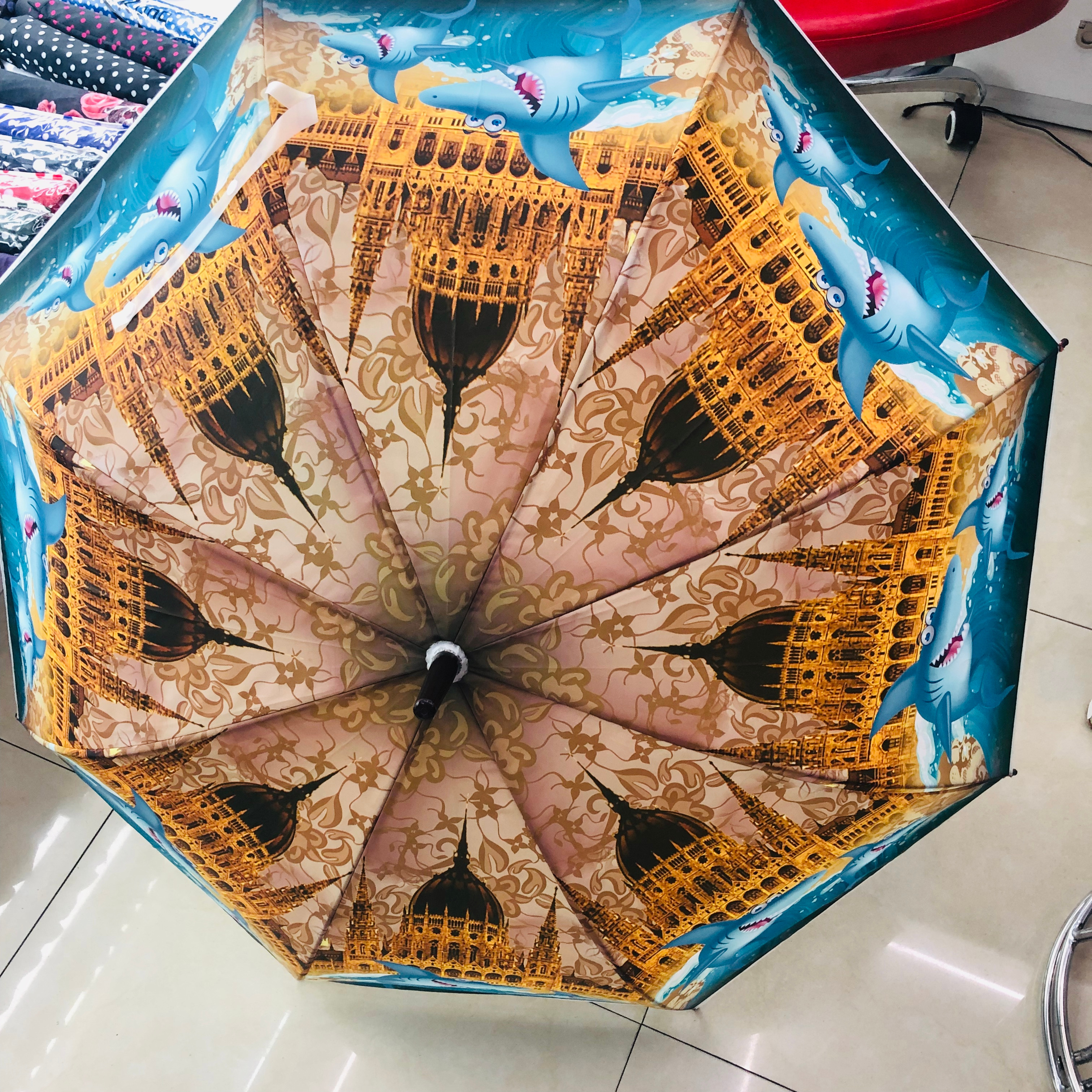 彩色鲨鱼建筑图案防晒折叠伞 便携轻量晴雨两用