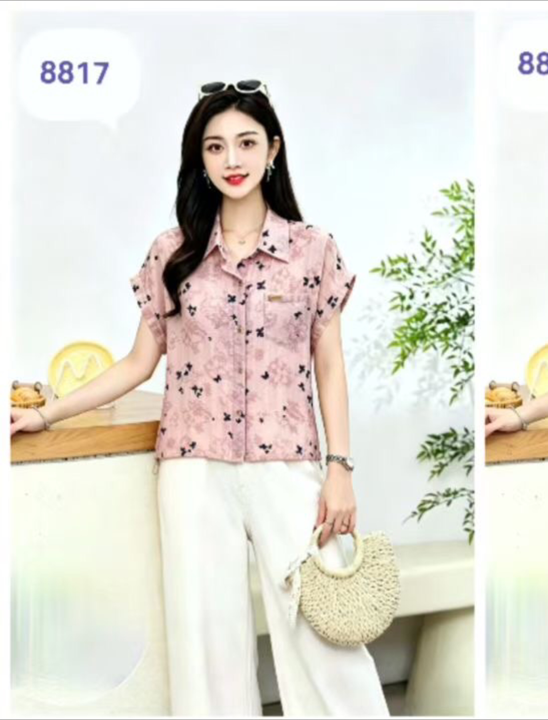 Pink butterfly print short-sleeved shirt for women, a fashionable and slimming top pic 1