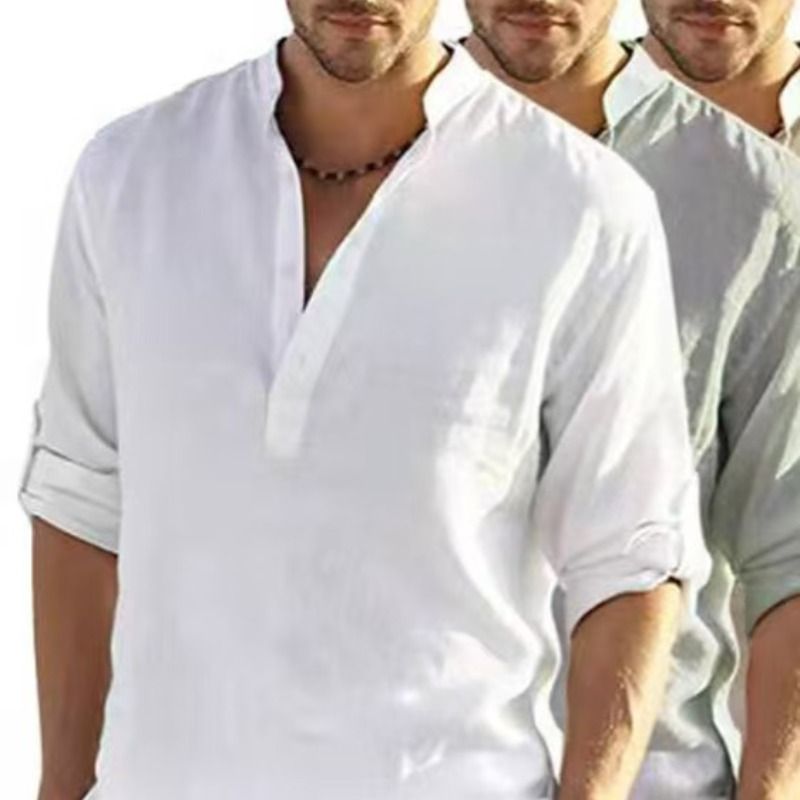 2026 Amazon Cross-border men's clothing: Linen long-sleeved T-shirt, loose undershirt, solid color long-sleeved cotton and linen shirt, men's plus-size