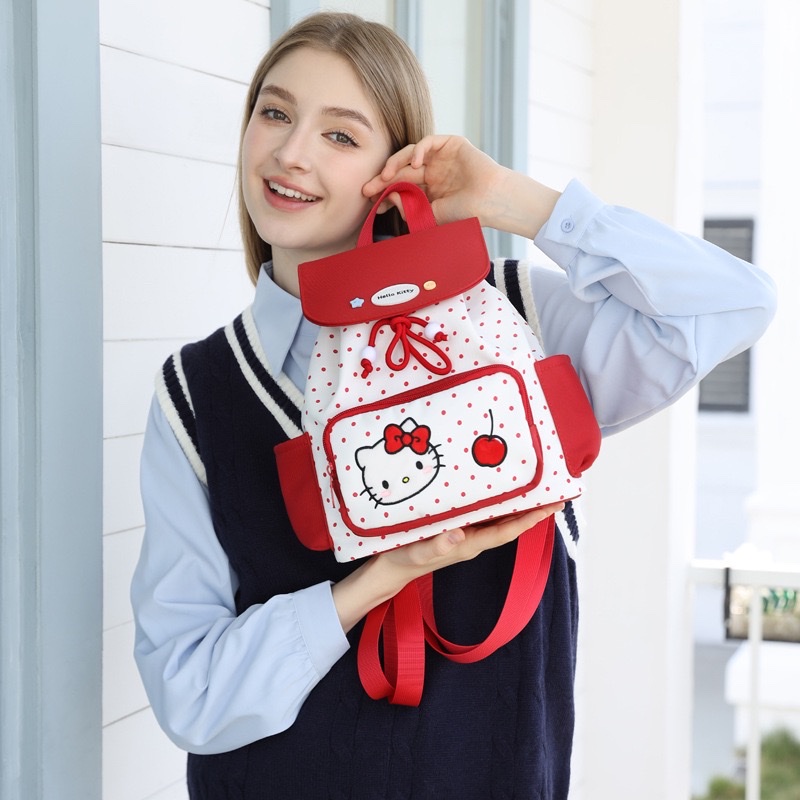 Red polka dot Hello kitty cartoon backpack Flip-top drawstring backpack for outdoor use details Picture