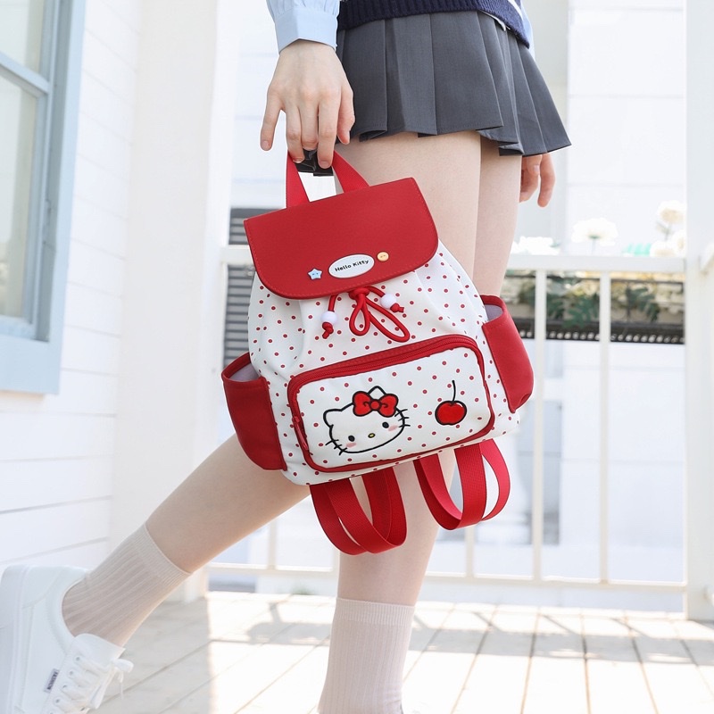 Red polka dot Hello kitty cartoon backpack Flip-top drawstring backpack for outdoor use Specification image