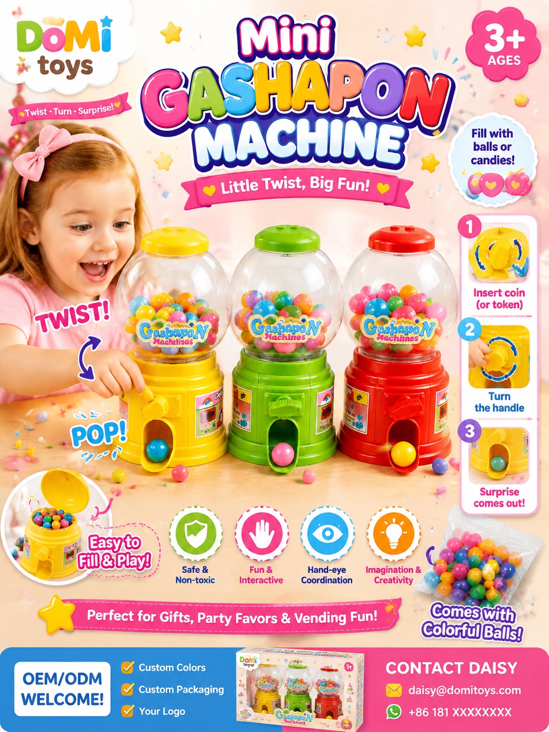 The gacha machine series products come with a pack of small balls and are packaged in three-color display boxes