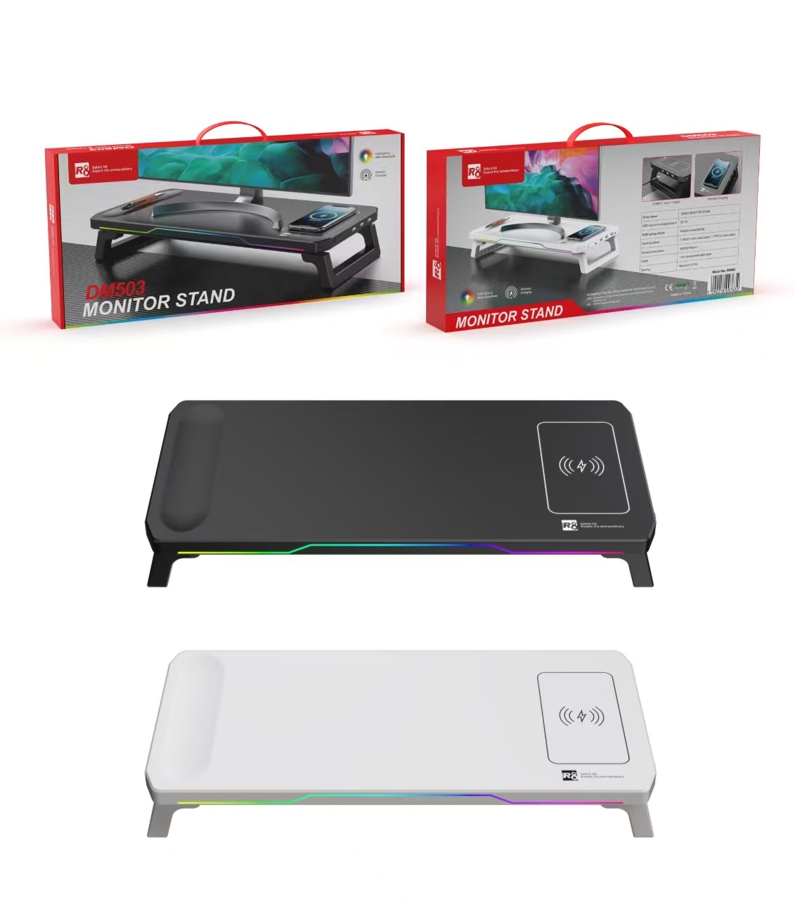 Computer monitor stand with RGB light adjustment + sensor mobile phone charging dock