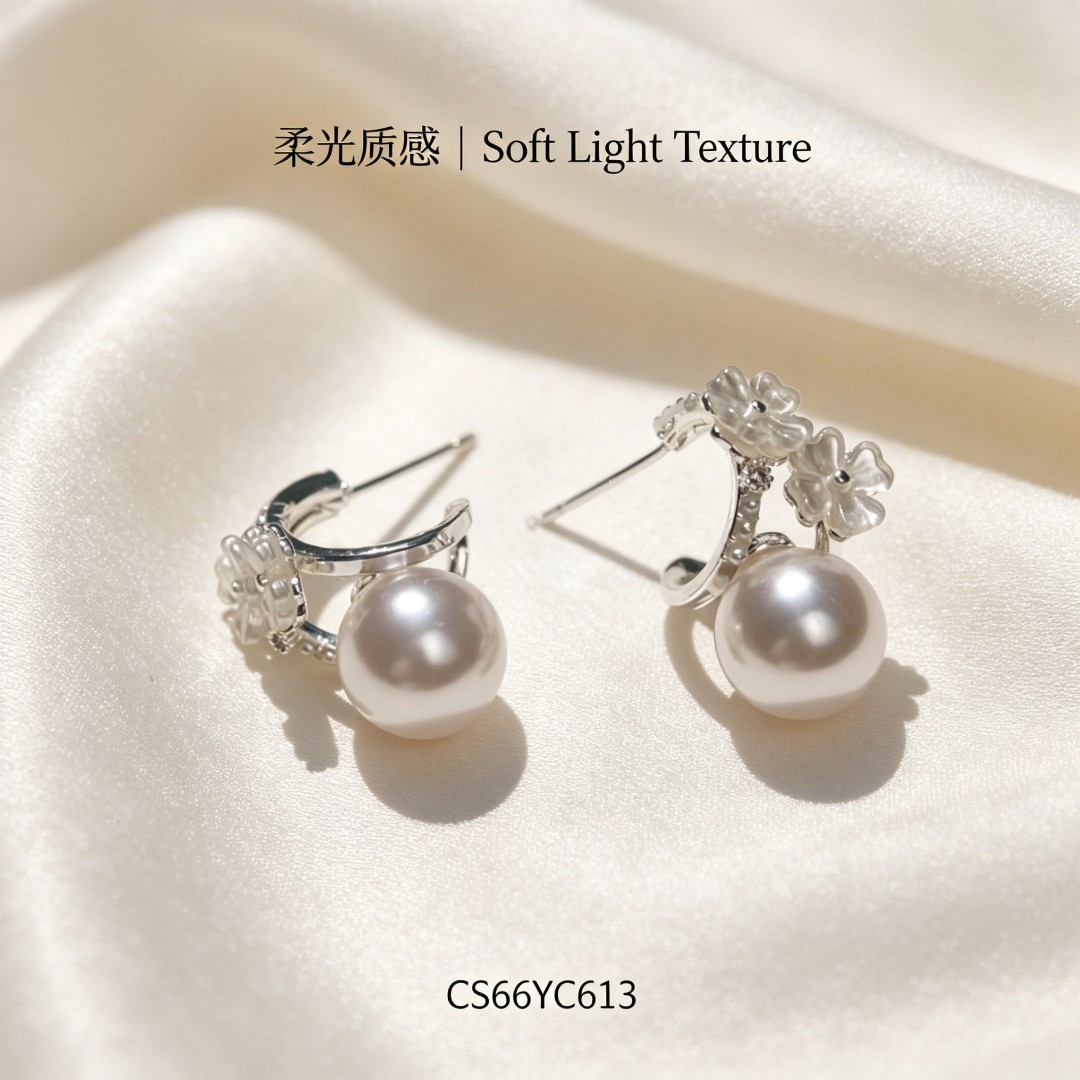 春莳原创 银色花朵珍珠耳环耳饰中古风耳钉银针饰品