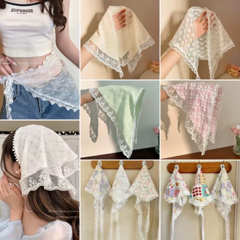 Retro artistic polka dot small square scarf, light and breathable small neckerchief scarf, Japanese-style decoration, fashionable silk scarf, curtain hair accessory, women's patchwork Korean version
