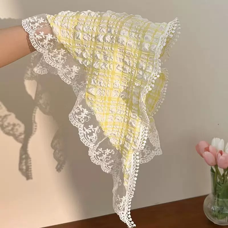 Retro artistic polka dot small square scarf, light and breathable small neckerchief scarf, Japanese-style decoration, fashionable silk scarf, curtain hair accessory, women's patchwork Korean version detail image 7